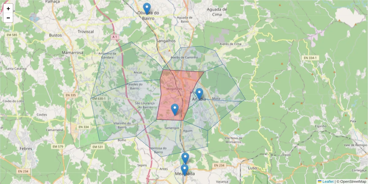 Mapa detalhado do código postal 3780-294 com limites, códigos postais vizinhos e agências dos correios