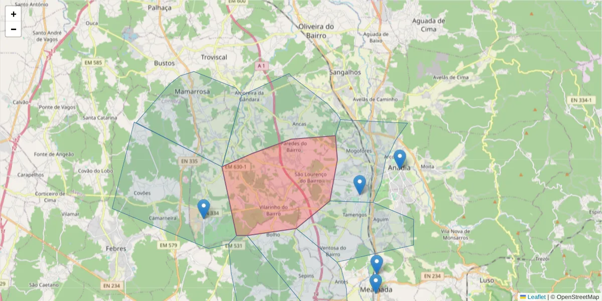 Mapa detalhado do código postal 3780-613 com limites, códigos postais vizinhos e agências dos correios