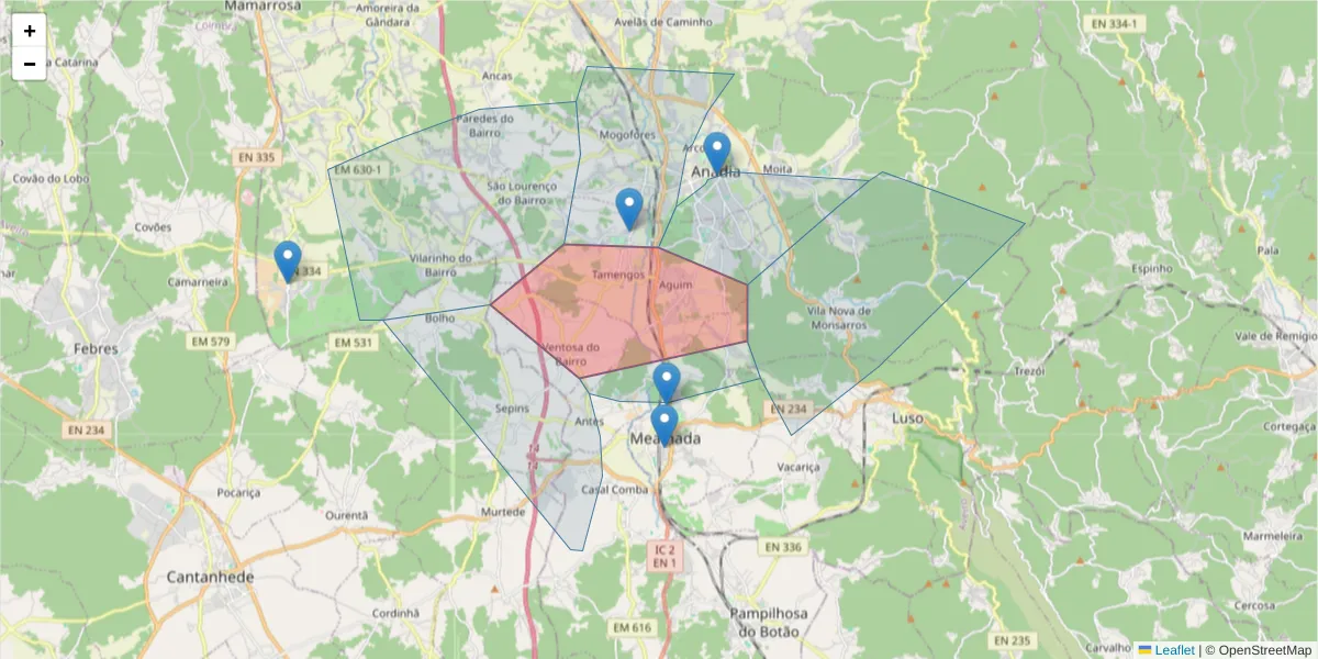 Mapa detalhado do código postal 3780-624 com limites, códigos postais vizinhos e agências dos correios