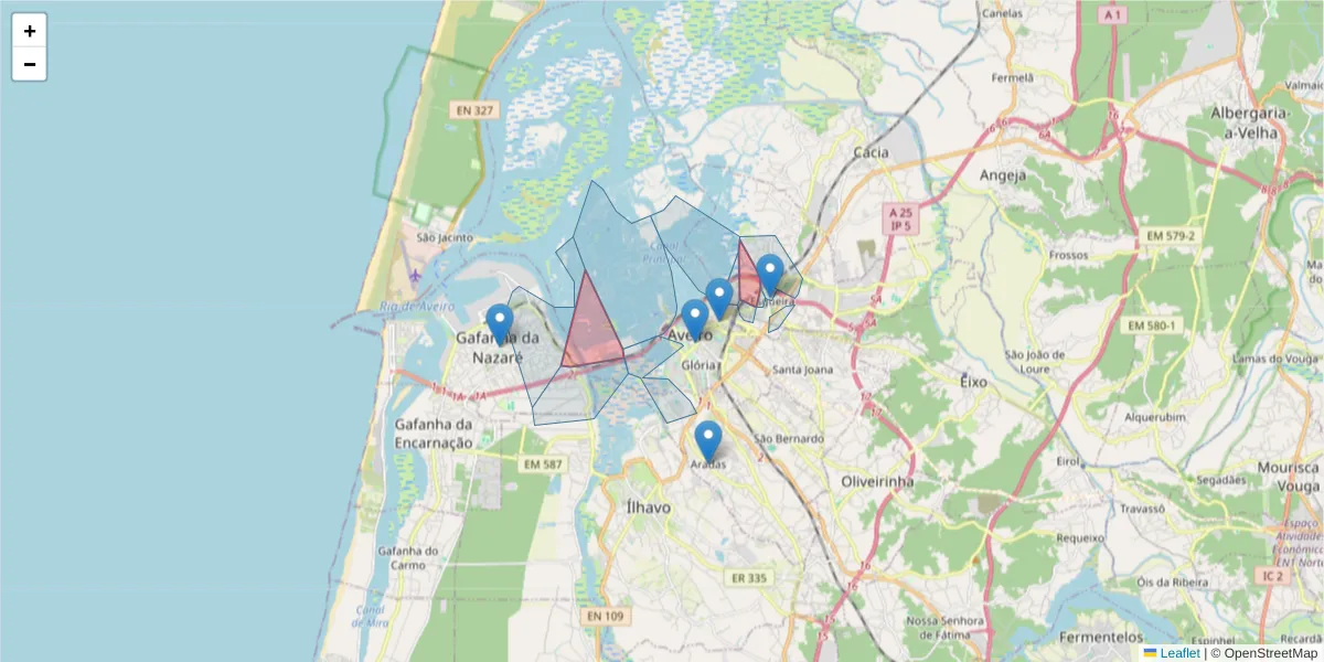 Mapa detalhado do código postal 3800-000 com limites, códigos postais vizinhos e agências dos correios