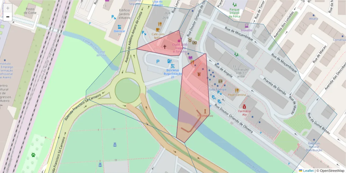 Mapa detalhado do código postal 3800-004 com limites, códigos postais vizinhos e agências dos correios