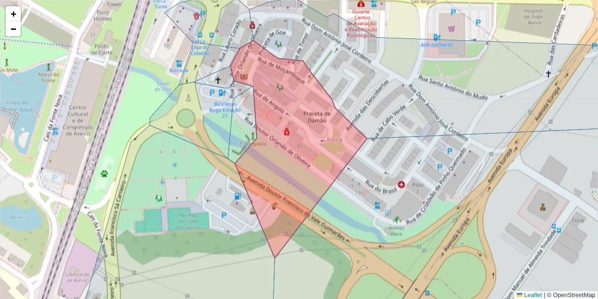 Mapa detalhado do código postal 3800-008 com limites, códigos postais vizinhos e agências dos correios
