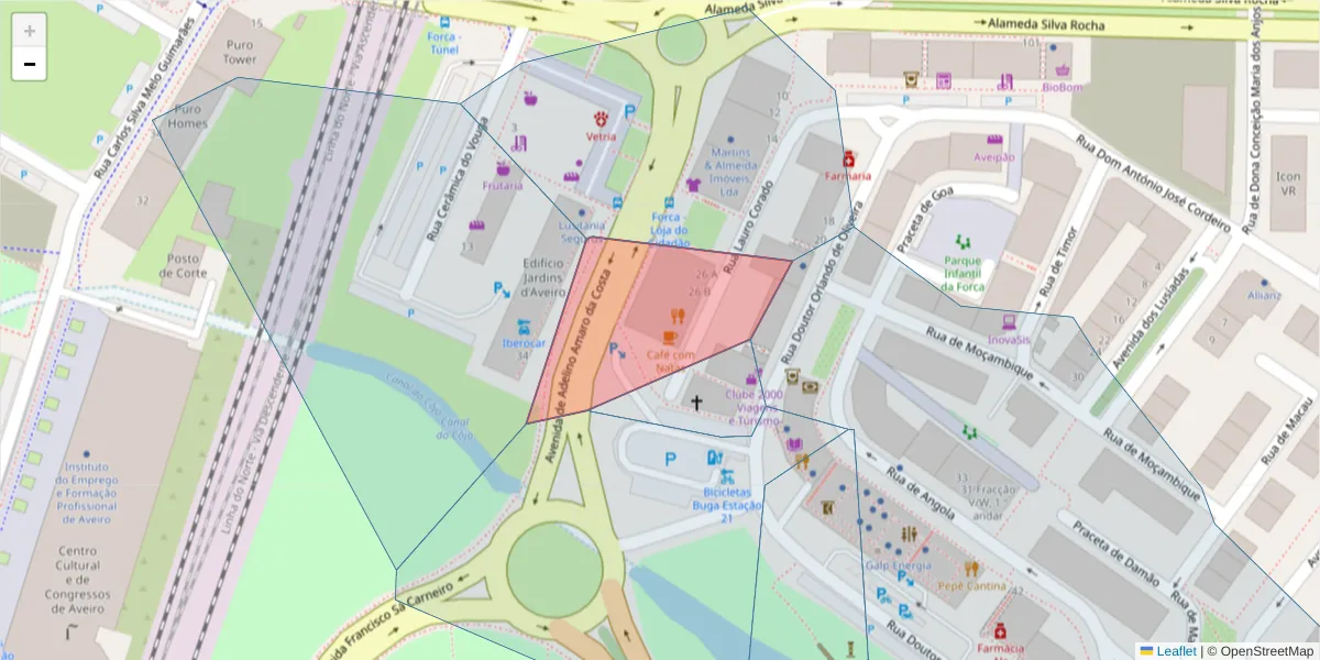 Mapa detalhado do código postal 3800-019 com limites, códigos postais vizinhos e agências dos correios