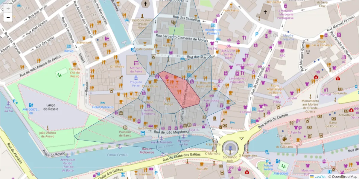 Mapa detalhado do código postal 3800-105 com limites, códigos postais vizinhos e agências dos correios