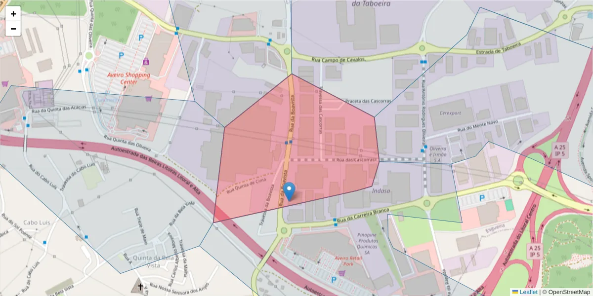 Mapa detalhado do código postal 3800-115 com limites, códigos postais vizinhos e agências dos correios
