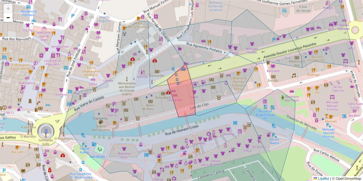 Mapa detalhado do código postal 3800-120 com limites, códigos postais vizinhos e agências dos correios