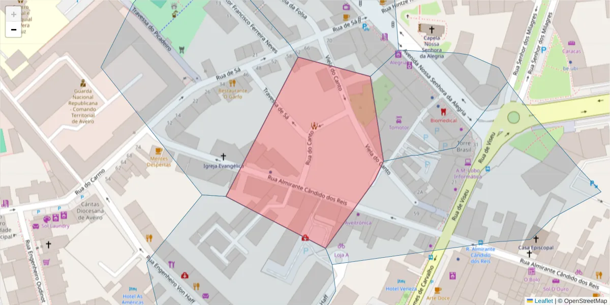Mapa detalhado do código postal 3800-122 com limites, códigos postais vizinhos e agências dos correios