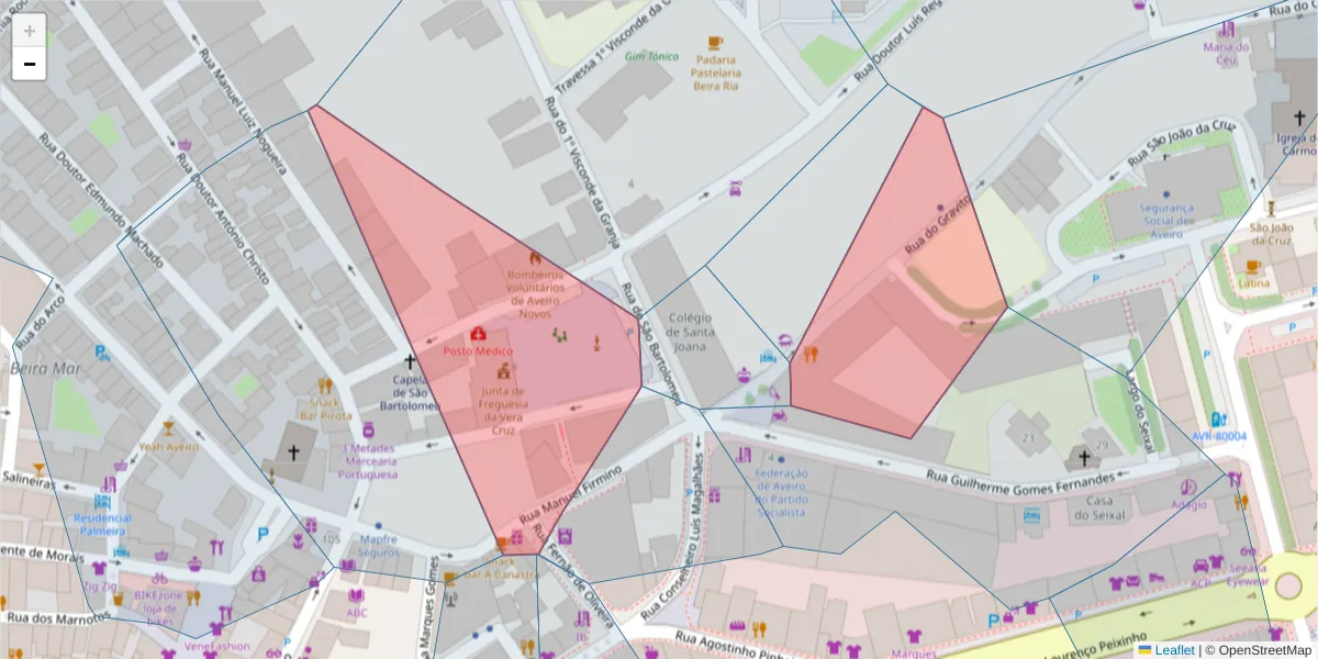 Mapa detalhado do código postal 3800-124 com limites, códigos postais vizinhos e agências dos correios