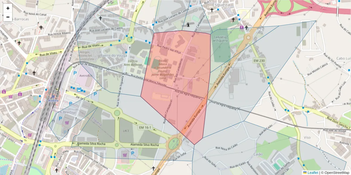 Mapa detalhado do código postal 3800-125 com limites, códigos postais vizinhos e agências dos correios