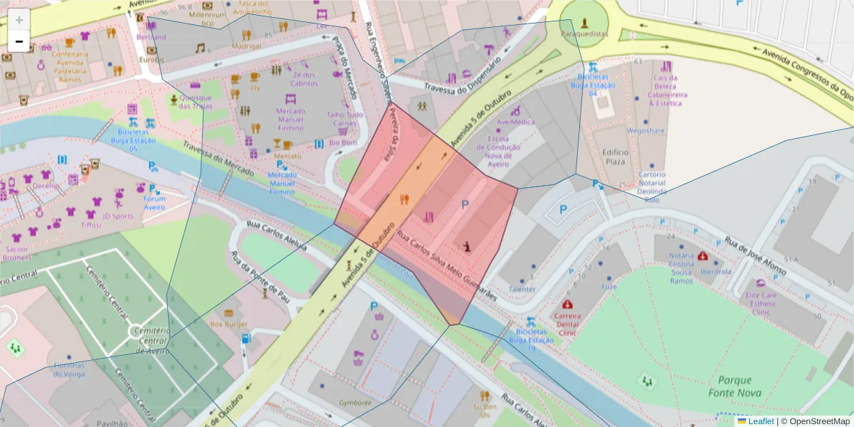 Mapa detalhado do código postal 3800-126 com limites, códigos postais vizinhos e agências dos correios