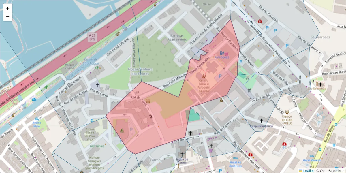 Mapa detalhado do código postal 3800-129 com limites, códigos postais vizinhos e agências dos correios