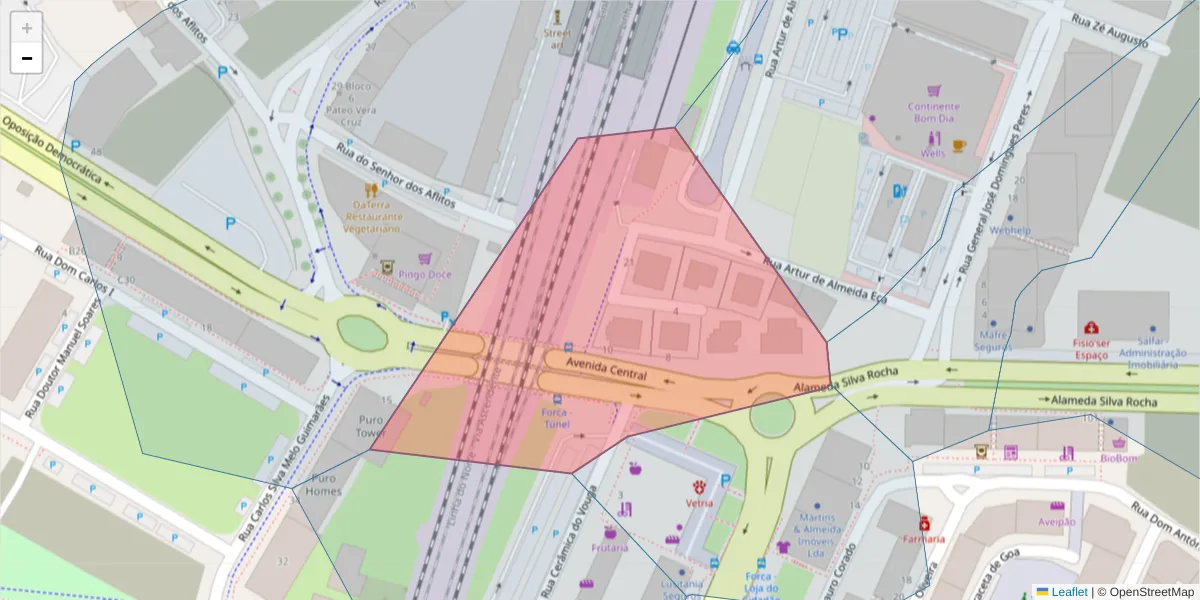 Mapa detalhado do código postal 3800-132 com limites, códigos postais vizinhos e agências dos correios