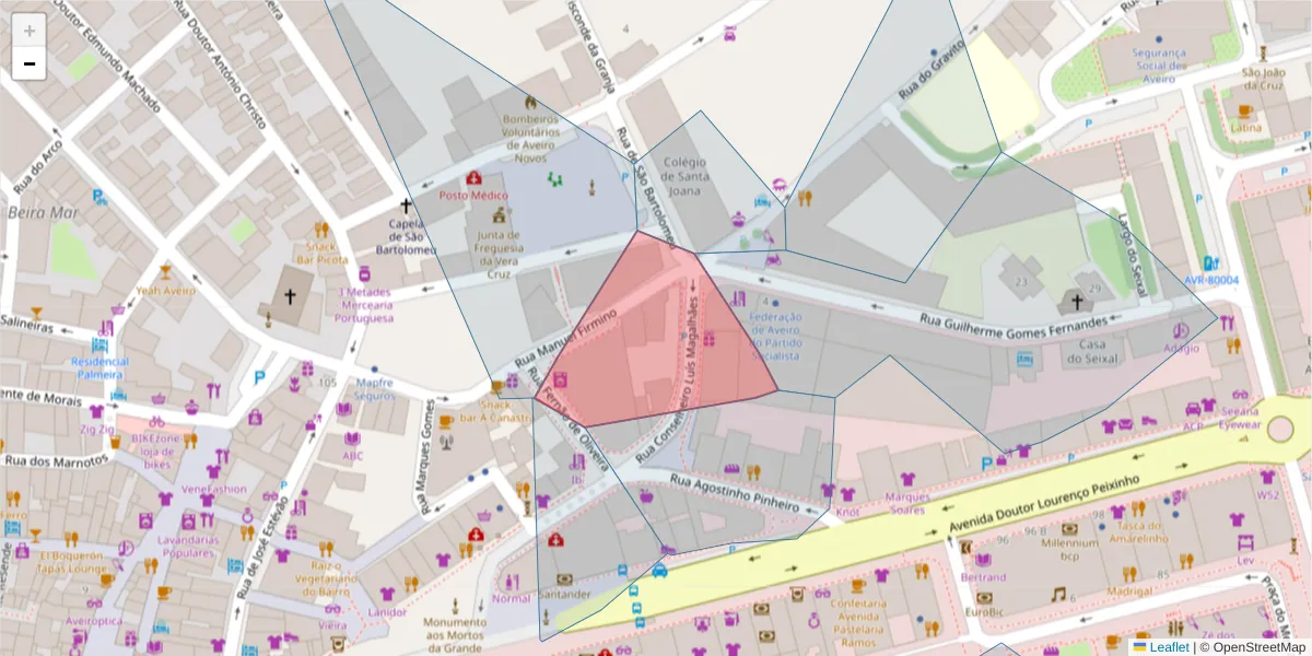 Mapa detalhado do código postal 3800-137 com limites, códigos postais vizinhos e agências dos correios