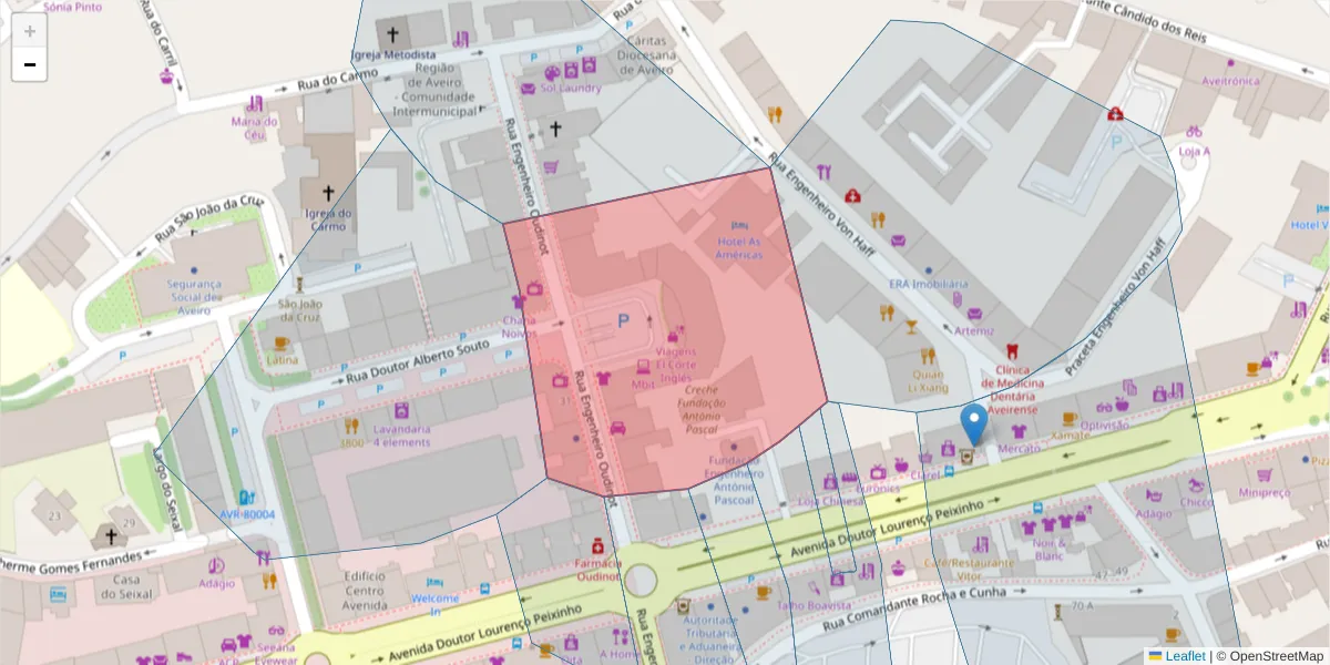 Mapa detalhado do código postal 3800-147 com limites, códigos postais vizinhos e agências dos correios