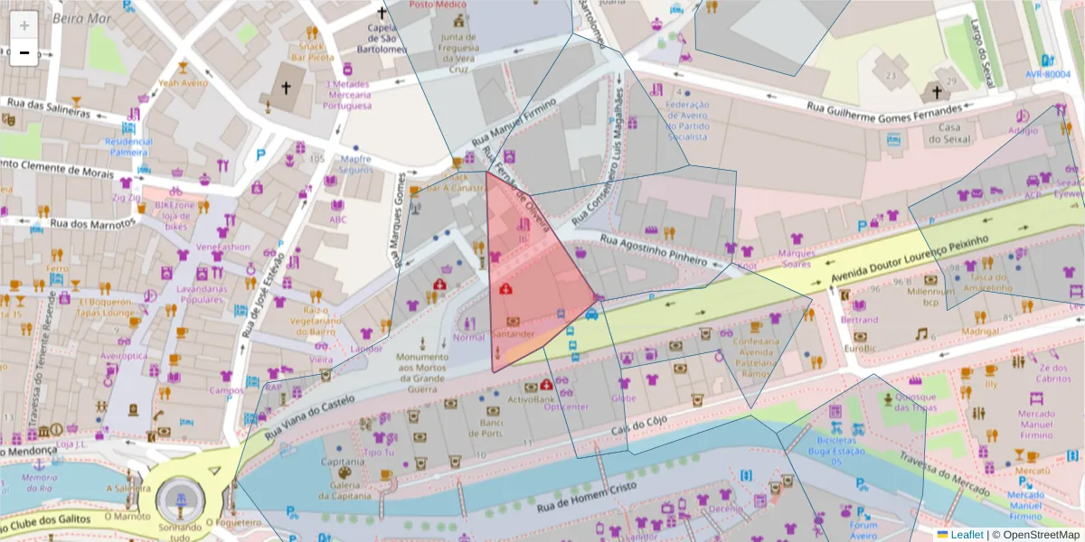 Mapa detalhado do código postal 3800-164 com limites, códigos postais vizinhos e agências dos correios