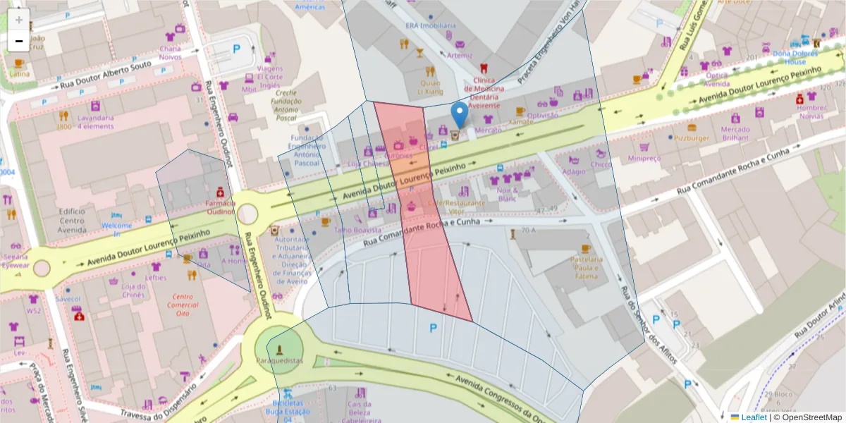 Mapa detalhado do código postal 3800-181 com limites, códigos postais vizinhos e agências dos correios