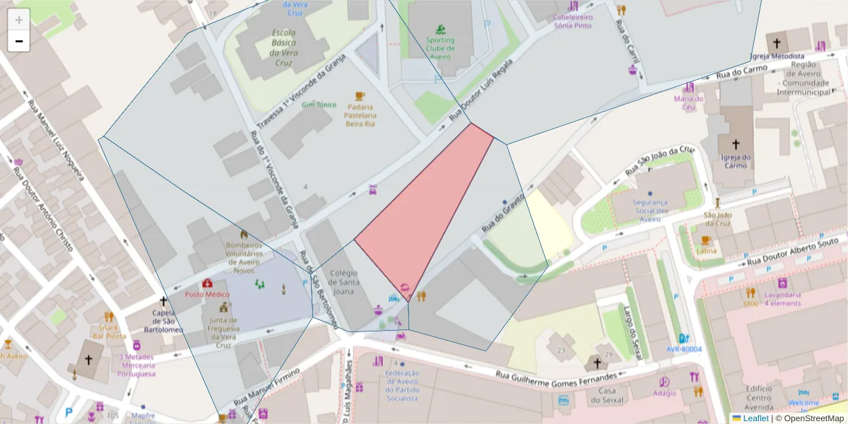 Mapa detalhado do código postal 3800-195 com limites, códigos postais vizinhos e agências dos correios