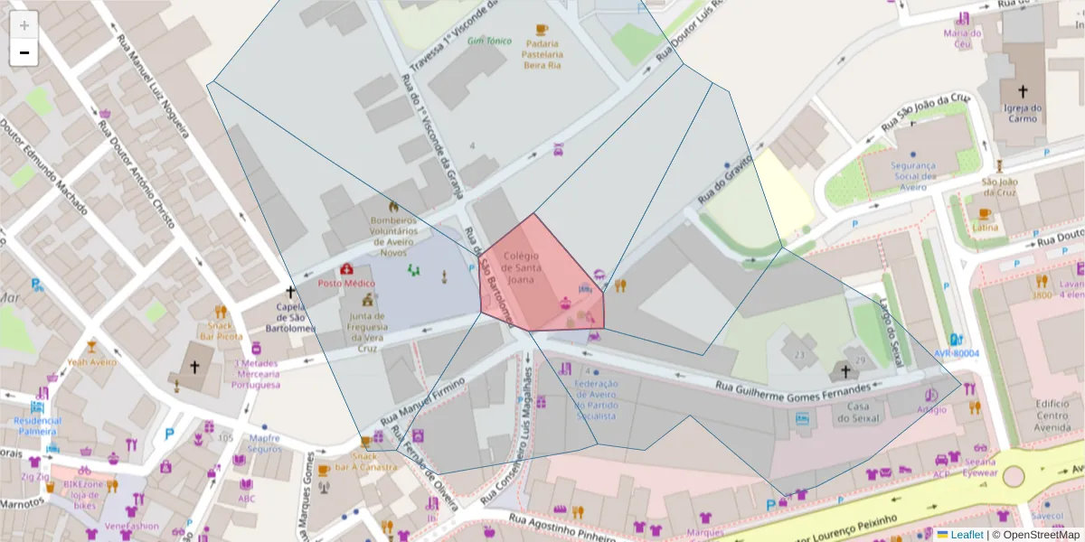 Mapa detalhado do código postal 3800-196 com limites, códigos postais vizinhos e agências dos correios