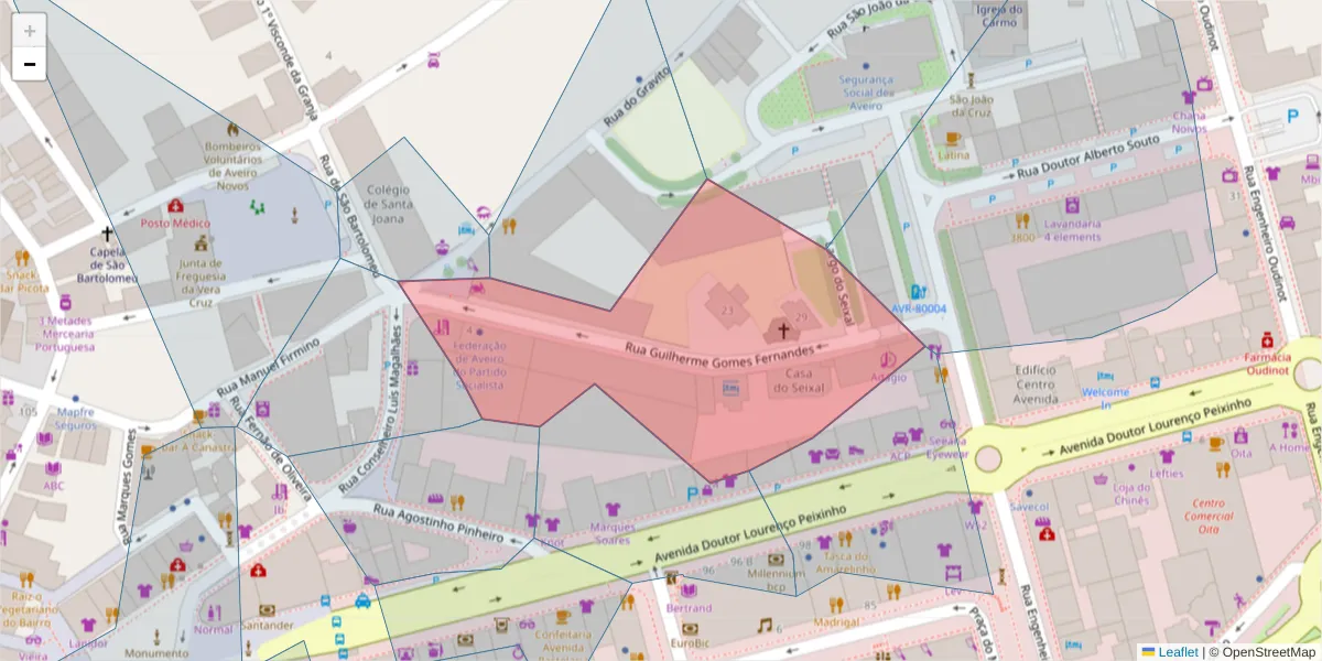 Mapa detalhado do código postal 3800-197 com limites, códigos postais vizinhos e agências dos correios