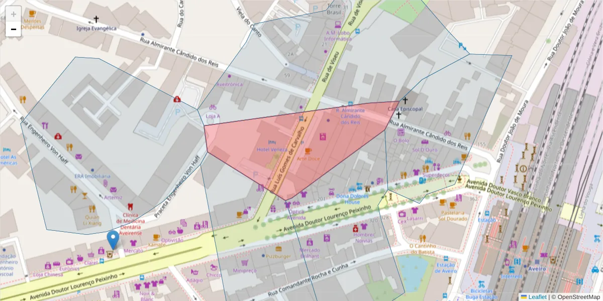 Mapa detalhado do código postal 3800-211 com limites, códigos postais vizinhos e agências dos correios