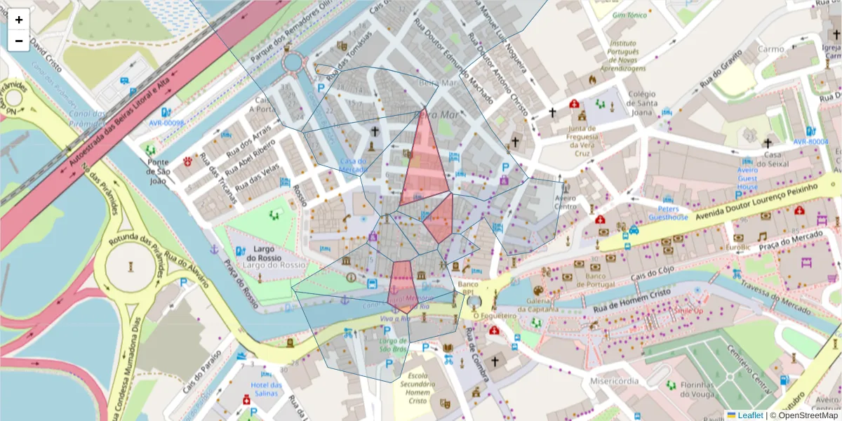 Mapa detalhado do código postal 3800-220 com limites, códigos postais vizinhos e agências dos correios
