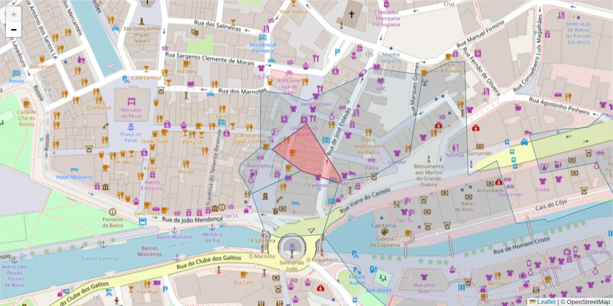 Mapa detalhado do código postal 3800-225 com limites, códigos postais vizinhos e agências dos correios