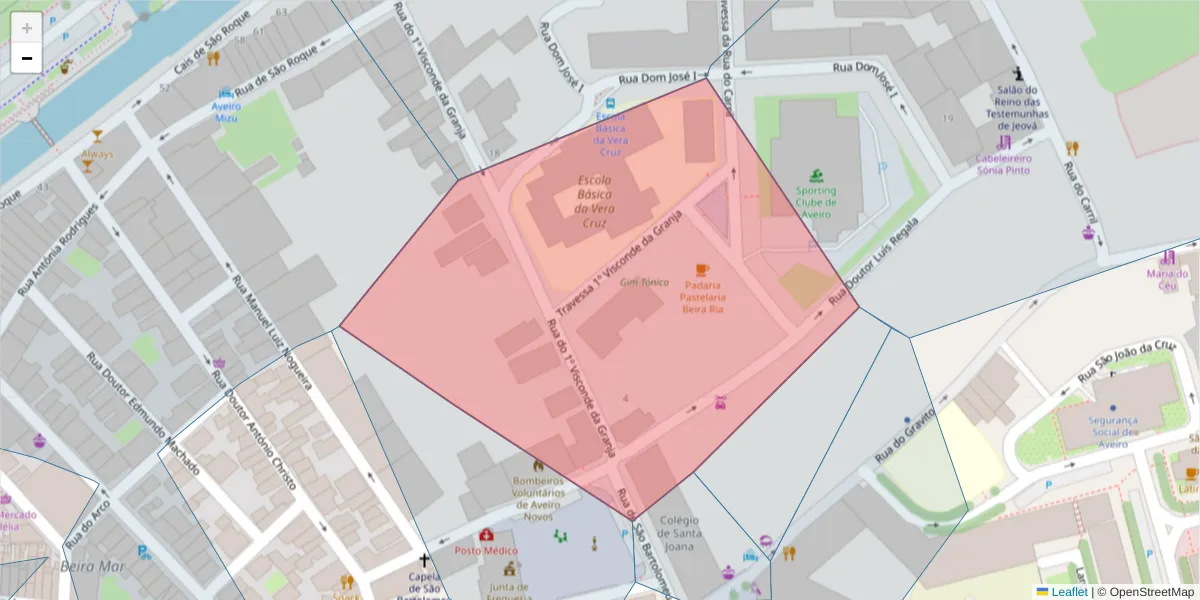Mapa detalhado do código postal 3800-244 com limites, códigos postais vizinhos e agências dos correios