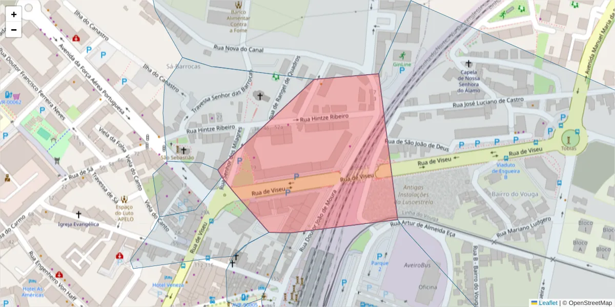 Mapa detalhado do código postal 3800-261 com limites, códigos postais vizinhos e agências dos correios