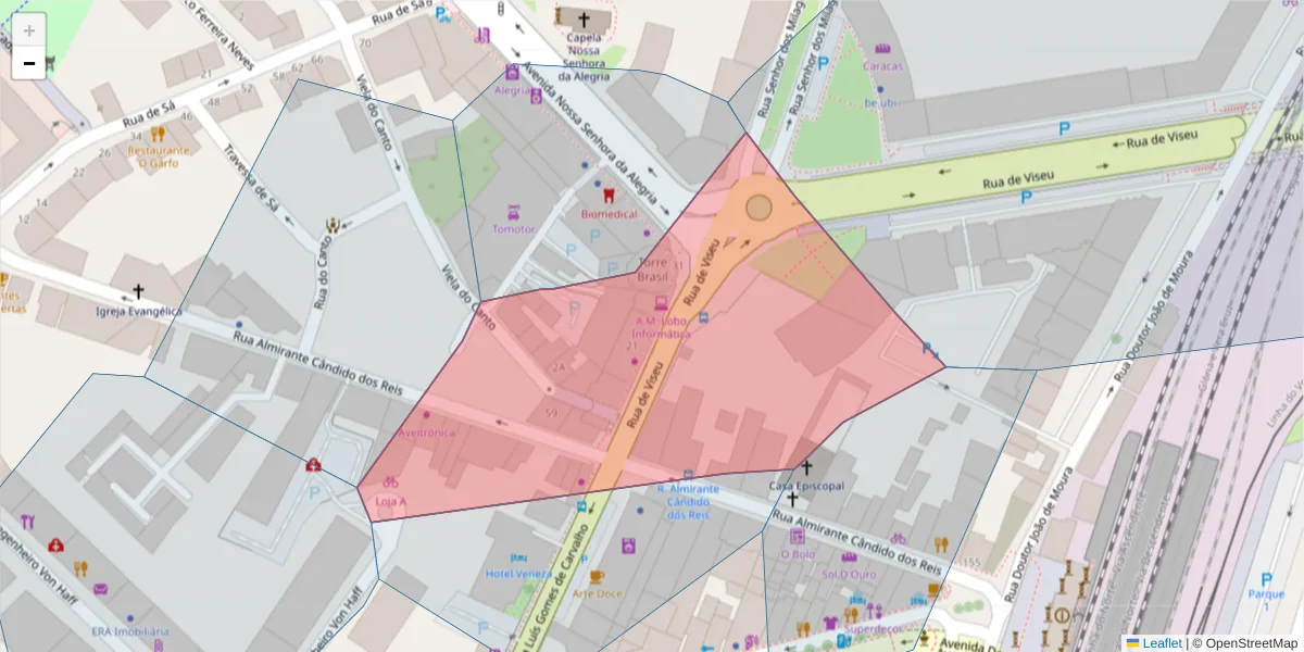 Mapa detalhado do código postal 3800-279 com limites, códigos postais vizinhos e agências dos correios