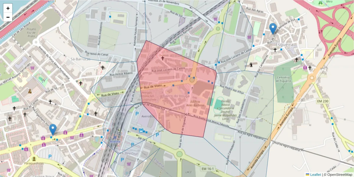 Mapa detalhado do código postal 3800-281 com limites, códigos postais vizinhos e agências dos correios