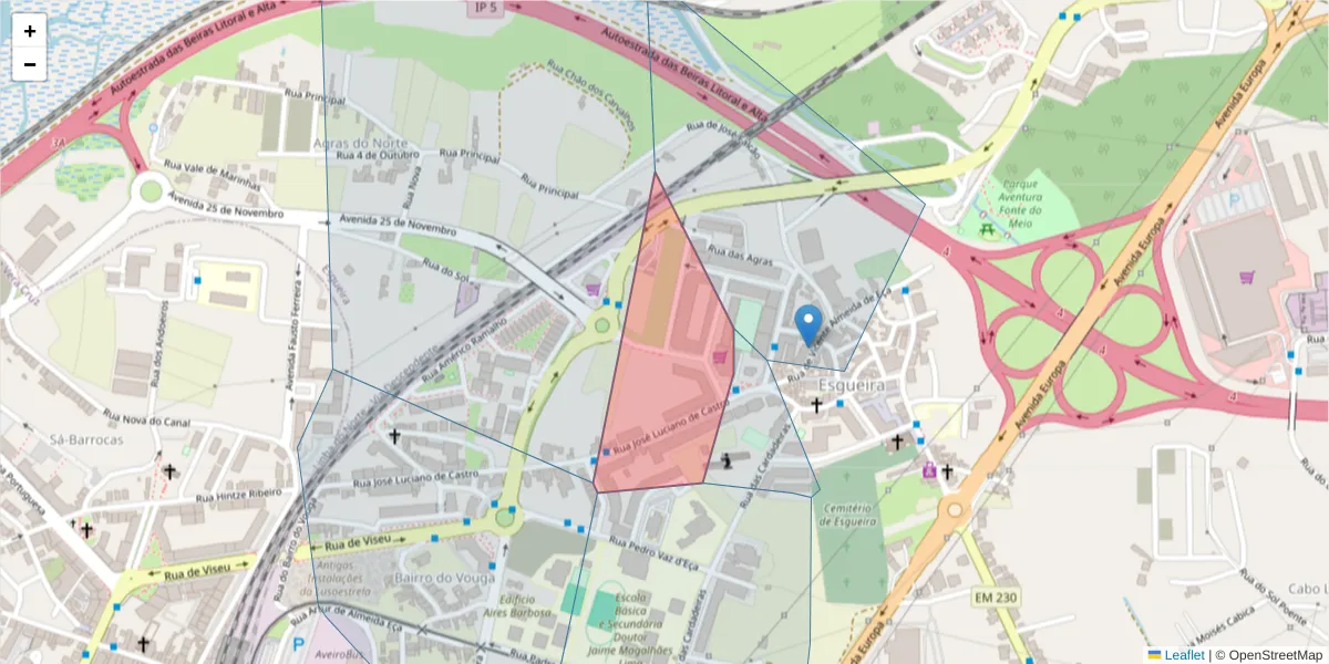Mapa detalhado do código postal 3800-300 com limites, códigos postais vizinhos e agências dos correios