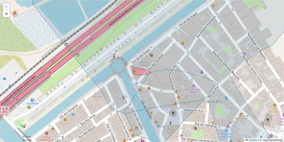 Mapa detalhado do código postal 3800-350 com limites, códigos postais vizinhos e agências dos correios