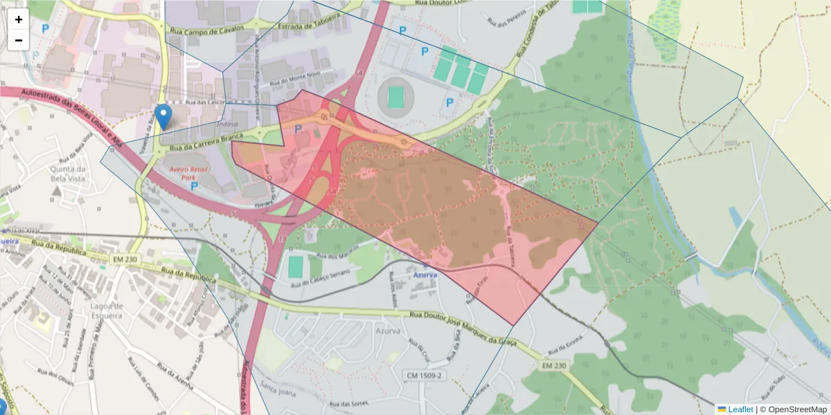 Mapa detalhado do código postal 3800-373 com limites, códigos postais vizinhos e agências dos correios