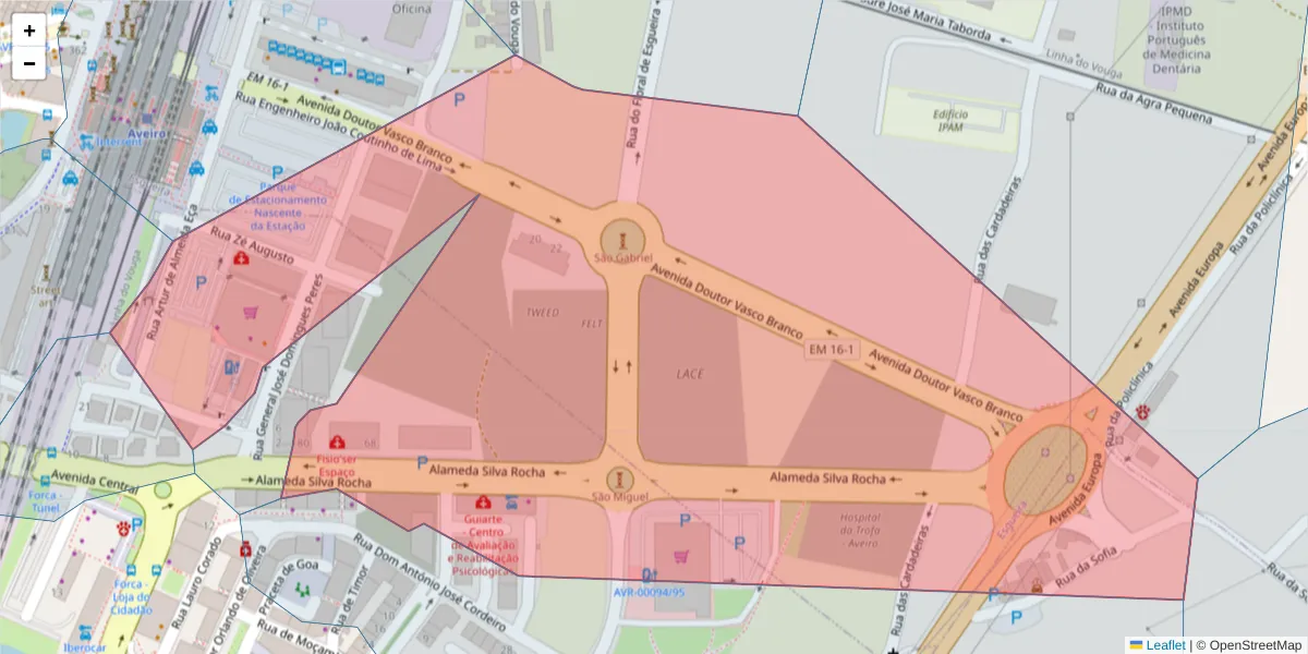 Mapa detalhado do código postal 3800-385 com limites, códigos postais vizinhos e agências dos correios
