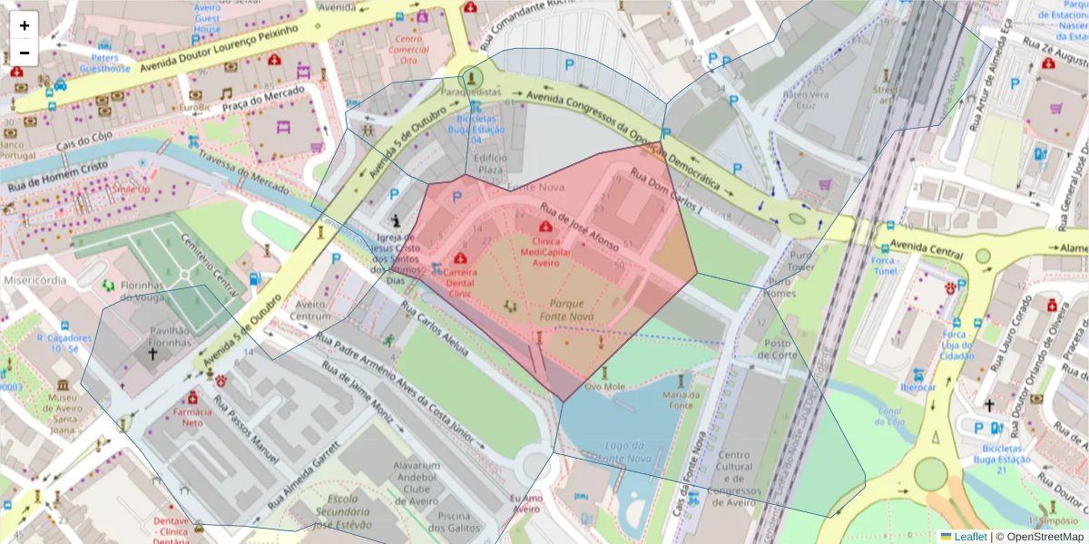 Mapa detalhado do código postal 3800-438 com limites, códigos postais vizinhos e agências dos correios