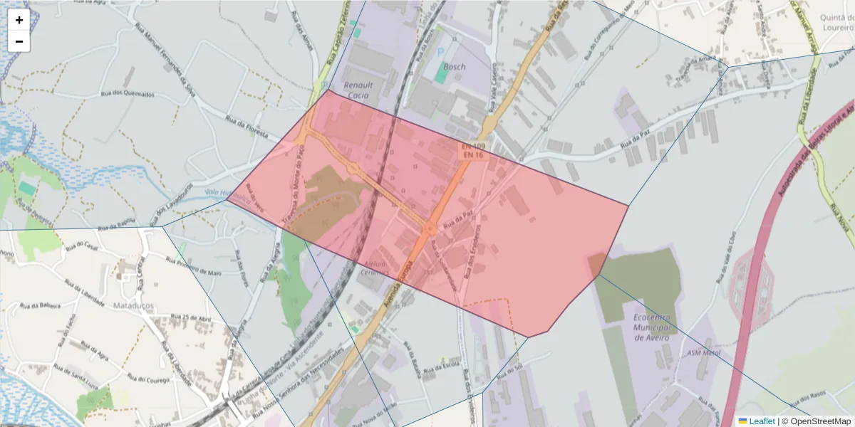 Mapa detalhado do código postal 3800-533 com limites, códigos postais vizinhos e agências dos correios