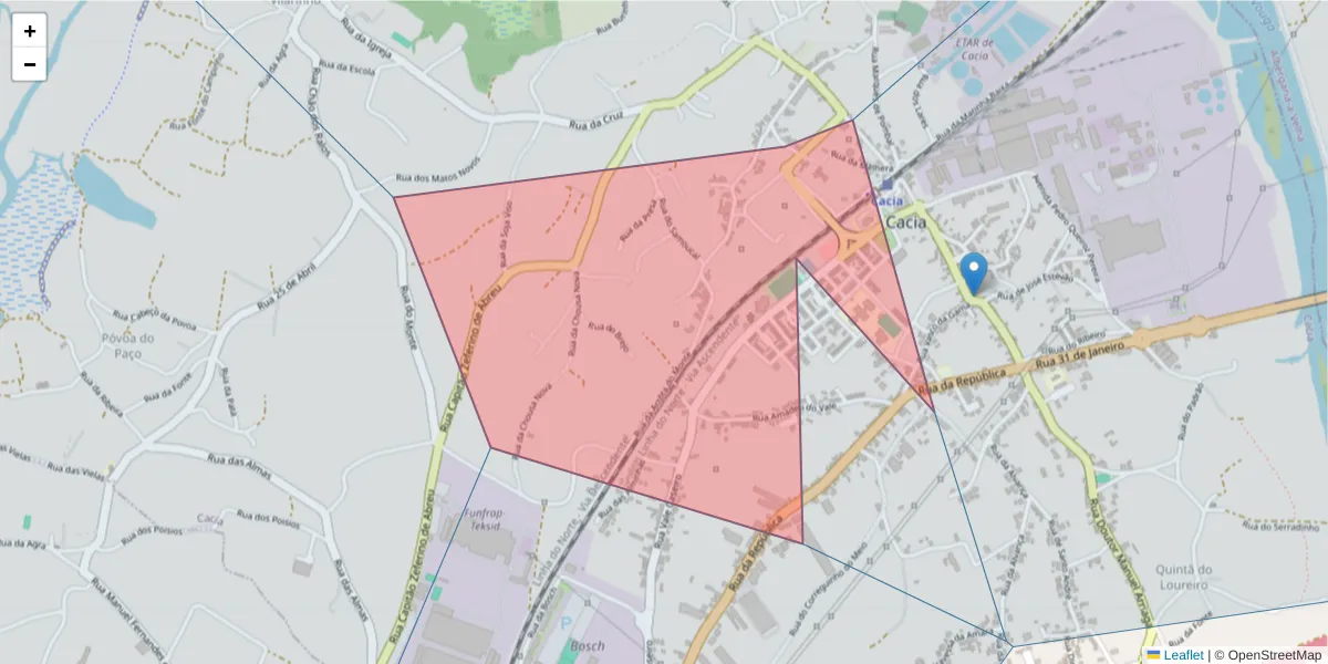 Mapa detalhado do código postal 3800-540 com limites, códigos postais vizinhos e agências dos correios
