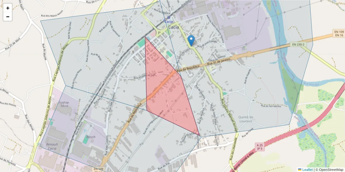 Mapa detalhado do código postal 3800-625 com limites, códigos postais vizinhos e agências dos correios
