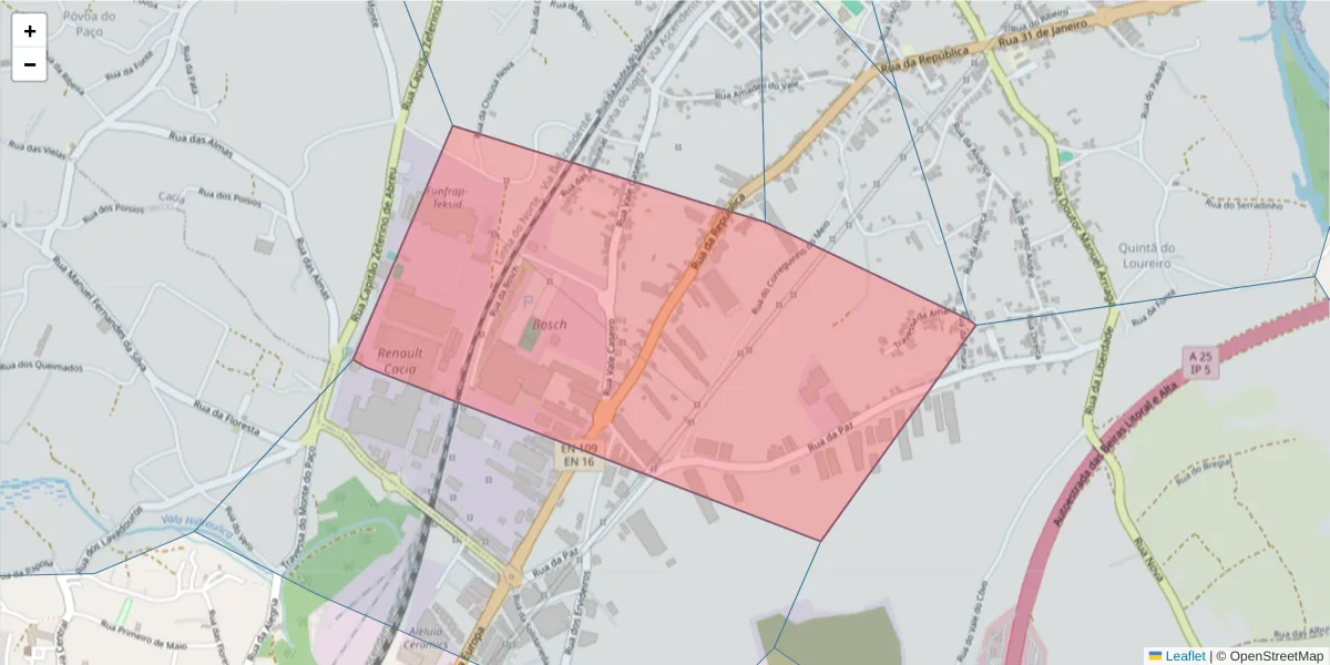 Mapa detalhado do código postal 3800-627 com limites, códigos postais vizinhos e agências dos correios
