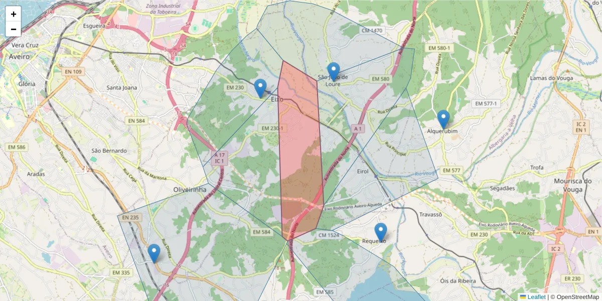 Mapa detalhado do código postal 3800-762 com limites, códigos postais vizinhos e agências dos correios