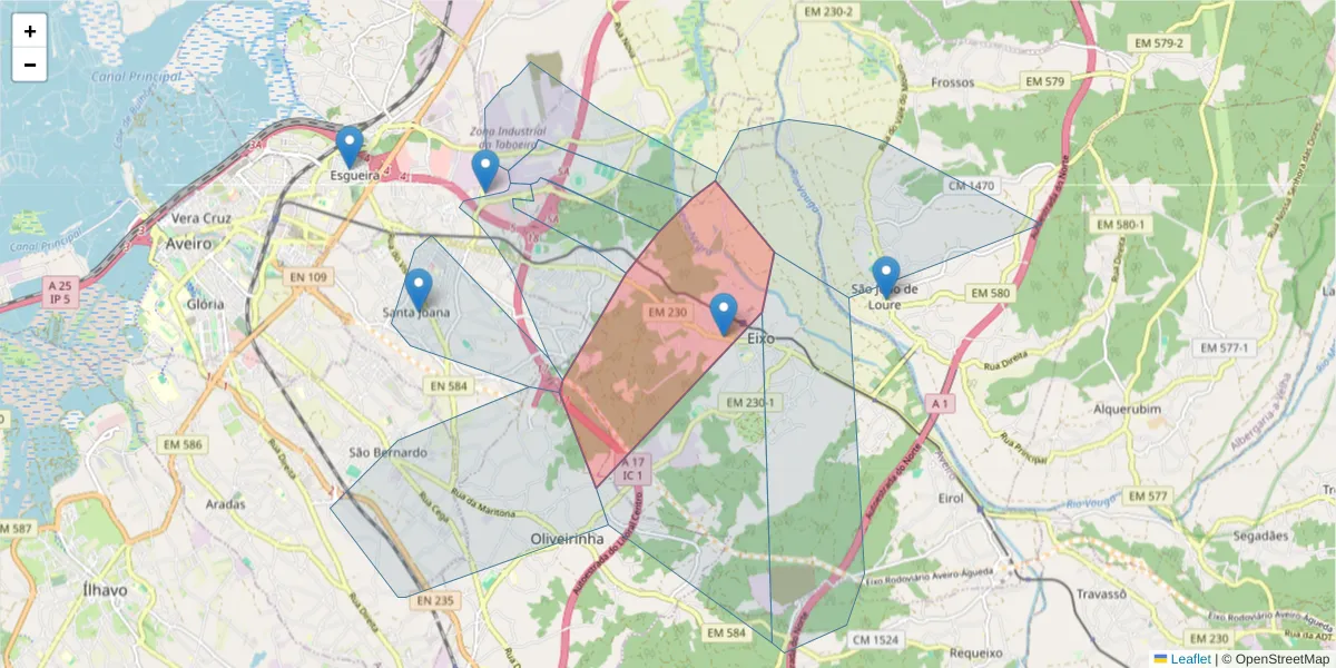 Mapa detalhado do código postal 3800-775 com limites, códigos postais vizinhos e agências dos correios