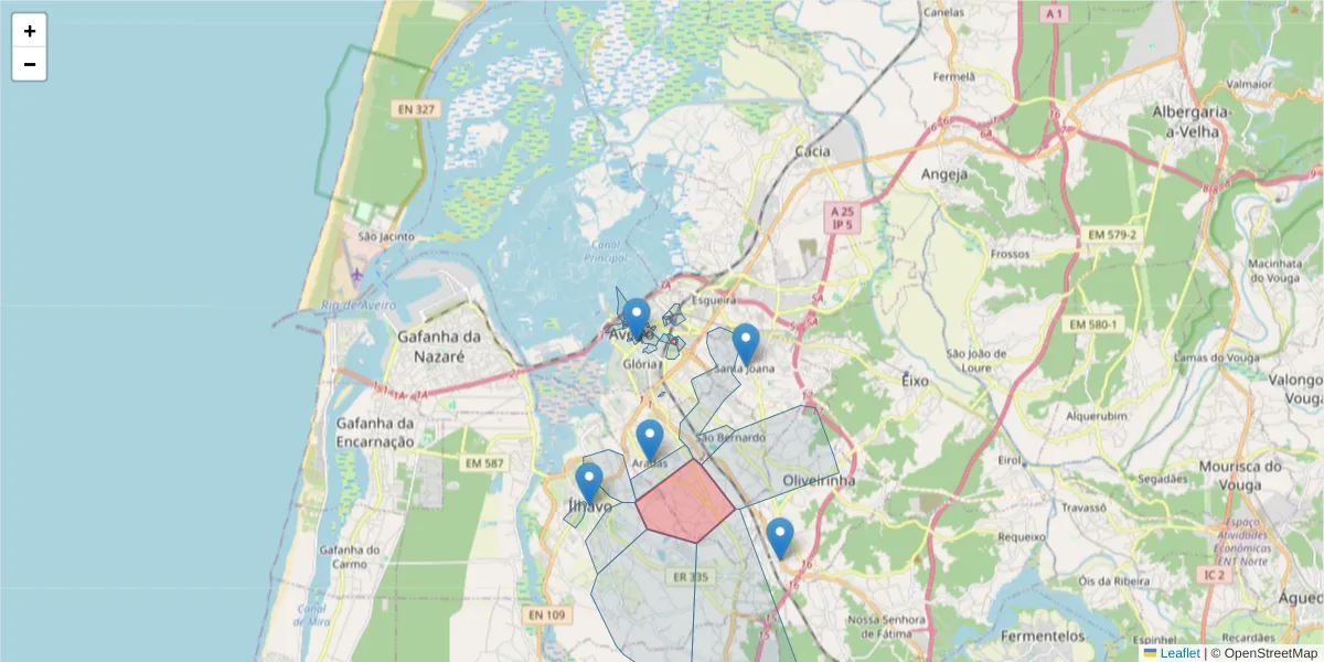 Mapa detalhado do código postal 3800 com limites, códigos postais vizinhos e agências dos correios