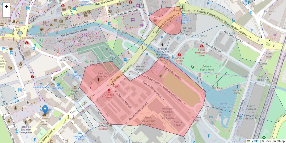 Mapa detalhado do código postal 3810-082 com limites, códigos postais vizinhos e agências dos correios