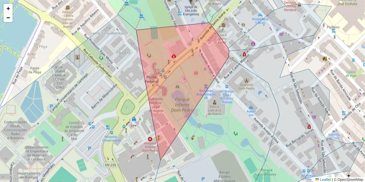 Mapa detalhado do código postal 3810-096 com limites, códigos postais vizinhos e agências dos correios