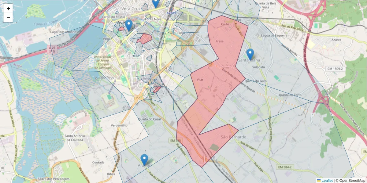 Mapa detalhado do código postal 3810-164 com limites, códigos postais vizinhos e agências dos correios