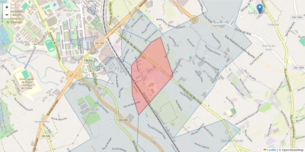 Mapa detalhado do código postal 3810-247 com limites, códigos postais vizinhos e agências dos correios