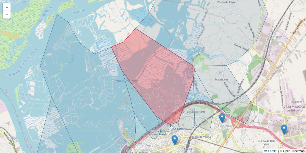 Mapa detalhado do código postal 3810-256 com limites, códigos postais vizinhos e agências dos correios