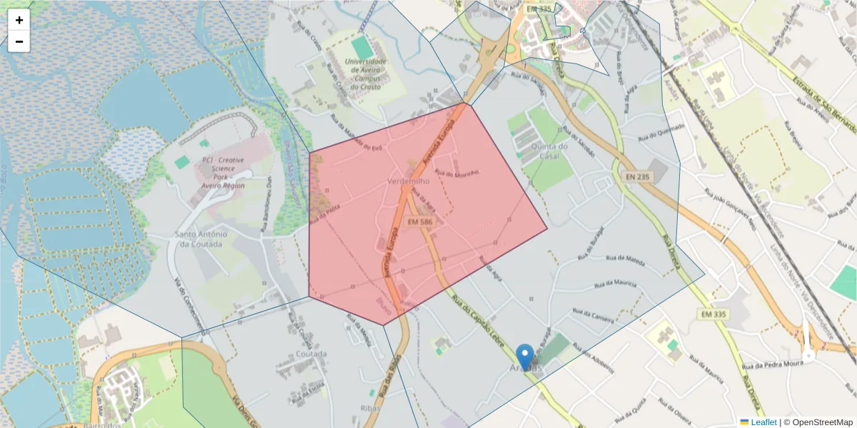 Mapa detalhado do código postal 3810-414 com limites, códigos postais vizinhos e agências dos correios