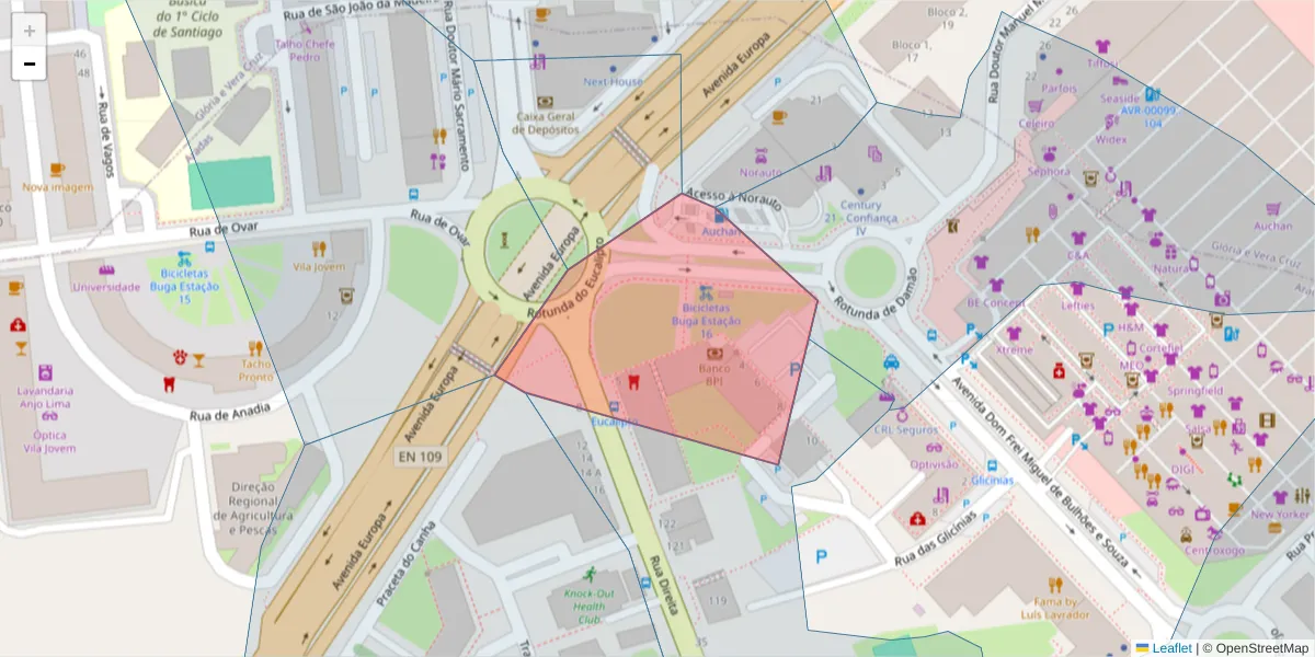 Mapa detalhado do código postal 3810-415 com limites, códigos postais vizinhos e agências dos correios