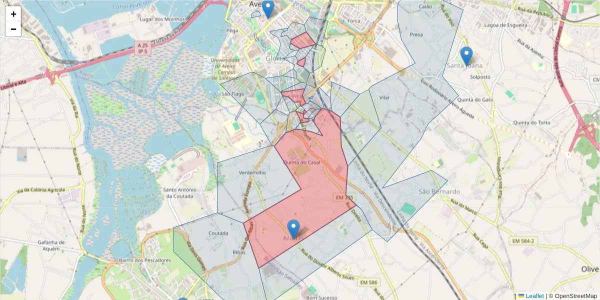 Mapa detalhado do código postal 3810 com limites, códigos postais vizinhos e agências dos correios